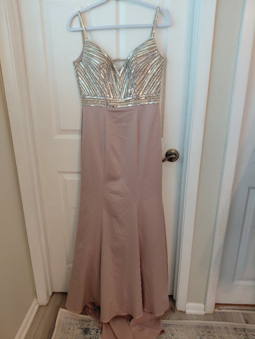 La Femme Champagne Maxi Dress Crystal Embellishments Size 10 Formal Wedding